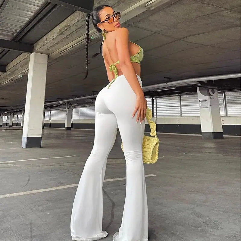 Women Slim Flare Pants Low Waist Drawstring Ruched Wide Leg White Trousers Joggers Sweatpants - Blade & Thread