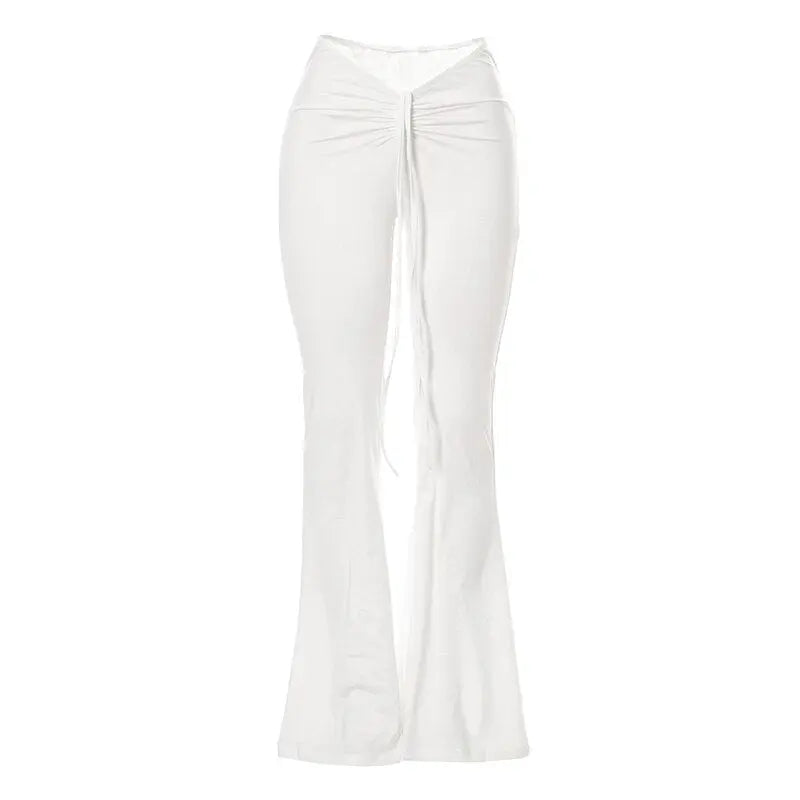 Women Slim Flare Pants Low Waist Drawstring Ruched Wide Leg White Trousers Joggers Sweatpants nowadaysfashion