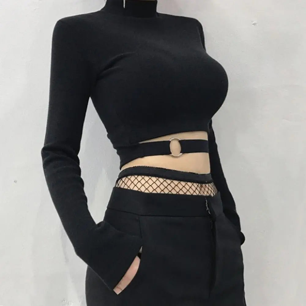 Women Slim Short T-shirt Sexy Tight Turtleneck Long Sleeve Goth Crop Top - Blade & Thread