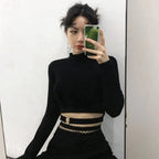 Women Slim Short T-shirt Sexy Tight Turtleneck Long Sleeve Goth Crop Top nowadaysfashion