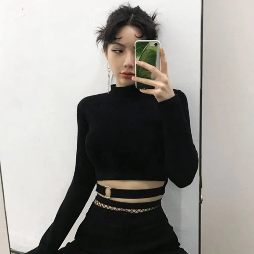 Women Slim Short T-shirt Sexy Tight Turtleneck Long Sleeve Goth Crop Top - Blade & Thread