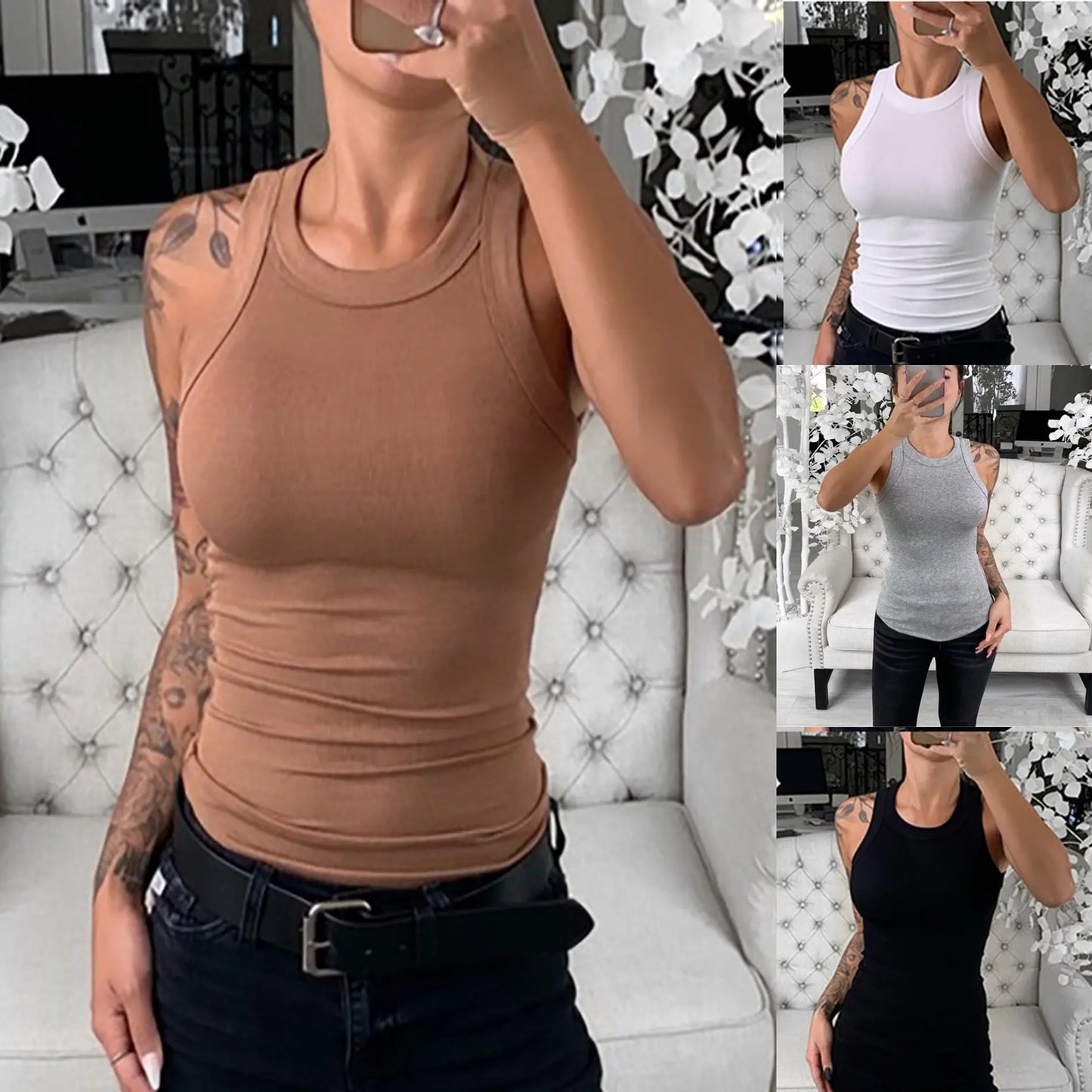 Women Solid Round Neck Ribbed Tank Top Camisole Women Summer Basic Elastic Tank Top - Blade & Thread