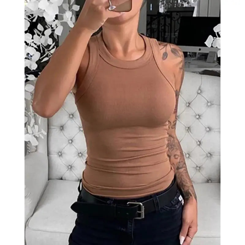 Women Solid Round Neck Ribbed Tank Top Camisole Women Summer Basic Elastic Tank Top nowadaysfashion
