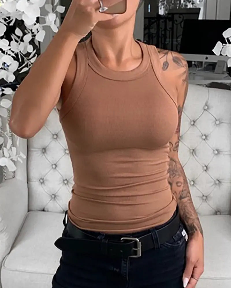 Women Solid Round Neck Ribbed Tank Top Camisole Women Summer Basic Elastic Tank Top nowadaysfashion