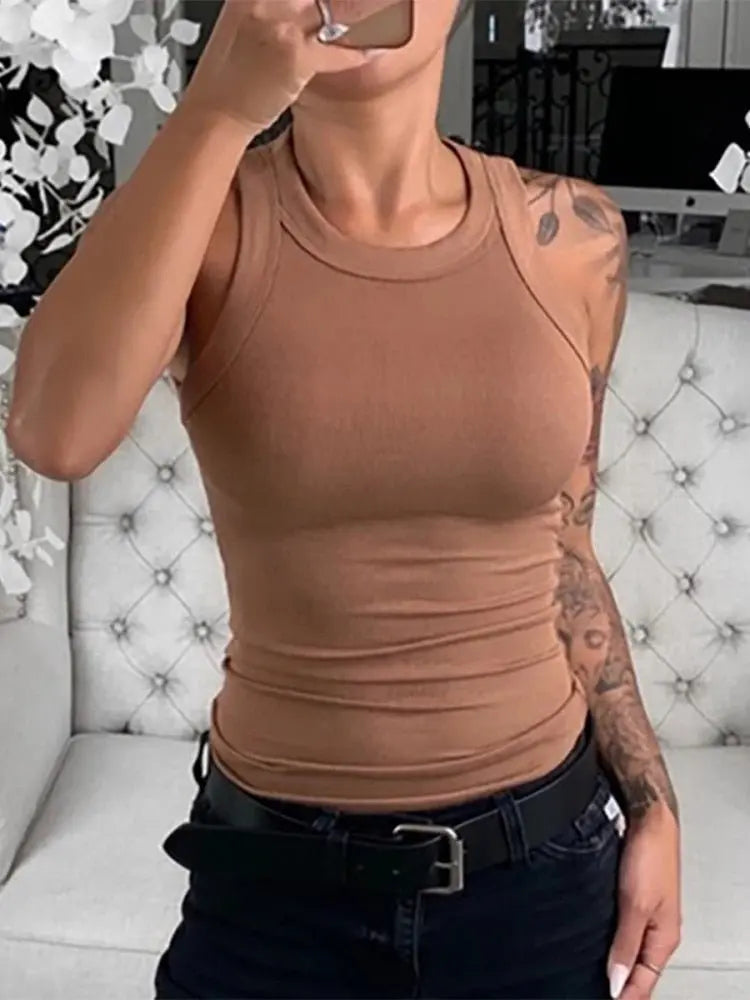 Women Solid Round Neck Ribbed Tank Top Camisole Women Summer Basic Elastic Tank Top - Blade & Thread