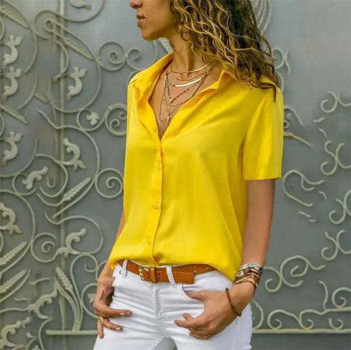 Women Solid White Blouse Tops Office Lady Work Chiffon Button nowadaysfashion