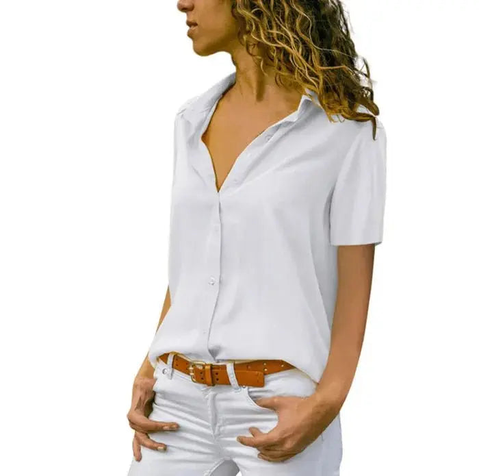 Women Solid White Blouse Tops Office Lady Work Chiffon Button - Blade & Thread