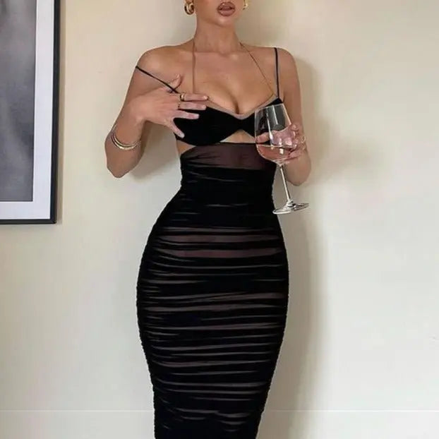 Women Spaghetti Strap Corset Cut Out Lined Long Dress Sexy Ruched Backless Elegant Bodycon - Blade & Thread