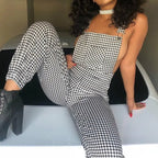 Women Straps Jumpsuits Ladies Summer Plaids Checked Playsuits Backless Outfits White&Black nowadaysfashion