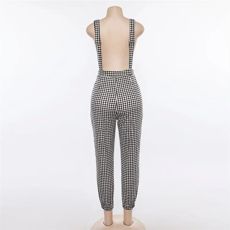 Women Straps Jumpsuits Ladies Summer Plaids Checked Playsuits Backless Outfits White&Black - Blade & Thread