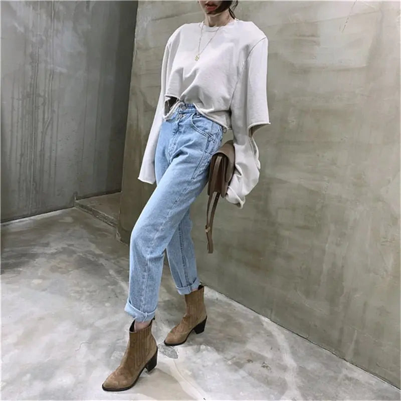 Women Streetwear Loose Female Denim Jeans Buttons Zipper Ladies trouser - Blade & Thread