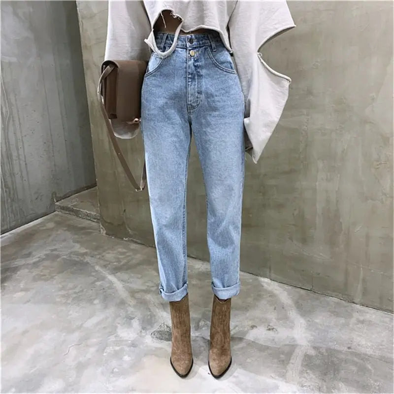Women Streetwear Loose Female Denim Jeans Buttons Zipper Ladies trouser - Blade & Thread
