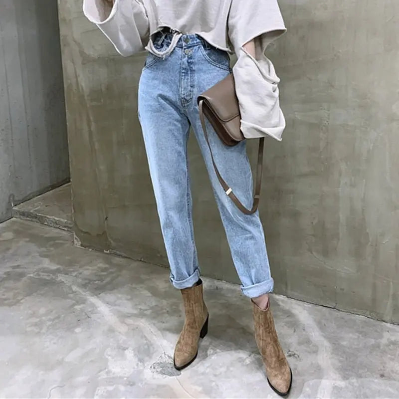 Women Streetwear Loose Female Denim Jeans Buttons Zipper Ladies trouser - Blade & Thread