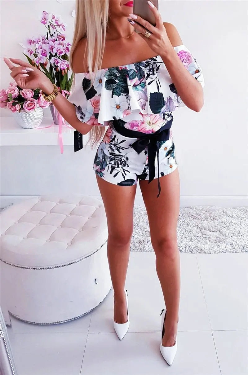 Women Streetwear Patchwork Design Belt Decor One Neck Off Shoulder Short Sleeve Jumpsuits - Blade & Thread