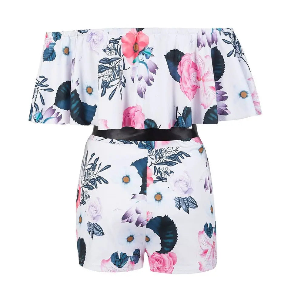 Women Streetwear Patchwork Design Belt Decor One Neck Off Shoulder Short Sleeve Jumpsuits - Blade & Thread