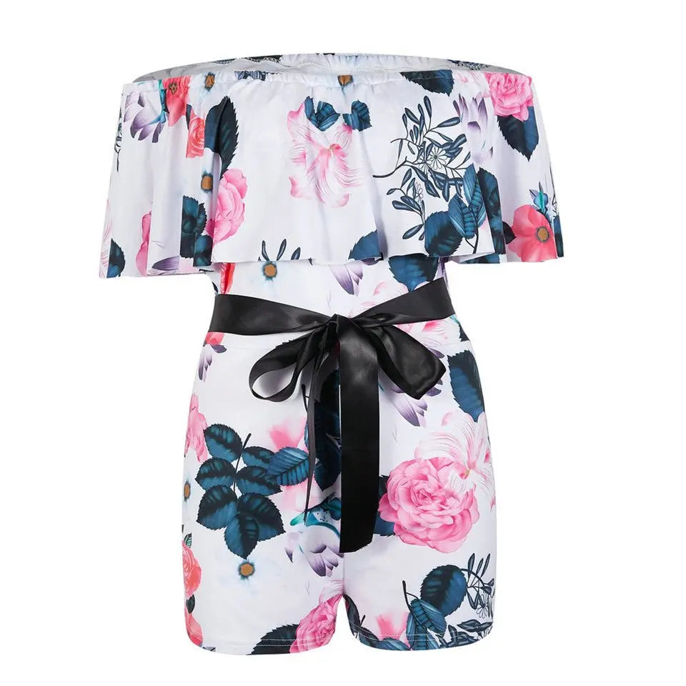 Women Streetwear Patchwork Design Belt Decor One Neck Off Shoulder Short Sleeve Jumpsuits - Blade & Thread
