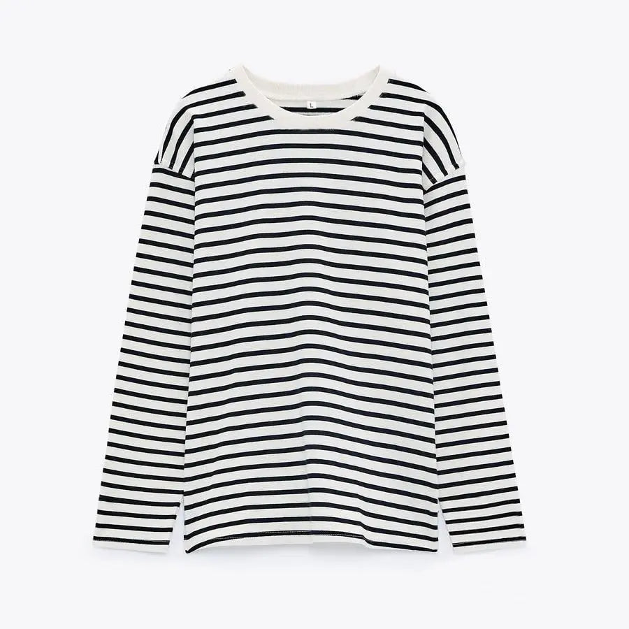 Women Striped Long Sleeve T-shirts Female Streetwear Autumn Spring Cotton Tees Tops - Blade & Thread