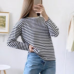Women Striped Long Sleeve T-shirts Female Streetwear Autumn Spring Cotton Tees Tops nowadaysfashion