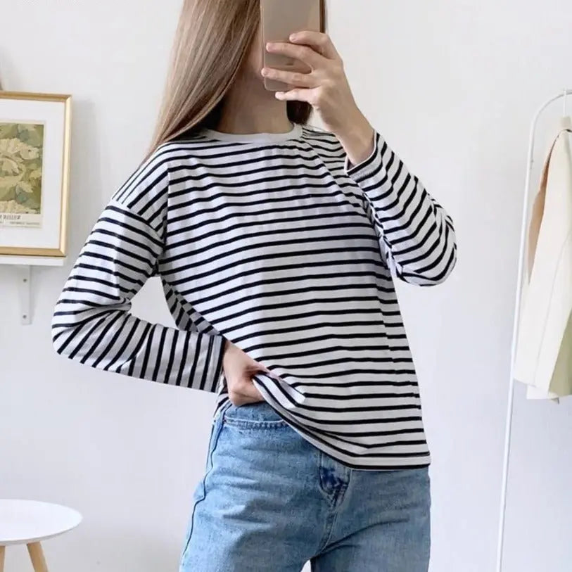 Women Striped Long Sleeve T-shirts Female Streetwear Autumn Spring Cotton Tees Tops - Blade & Thread