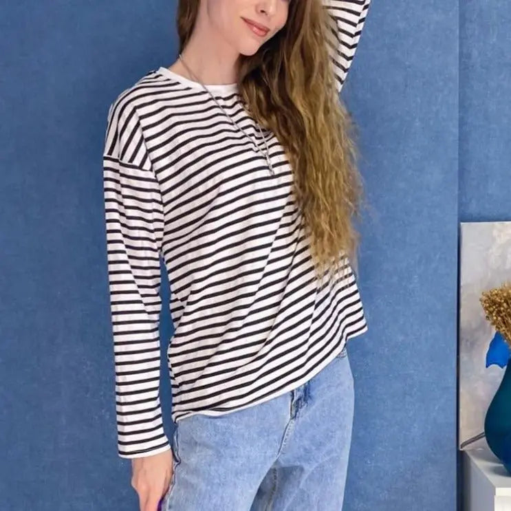 Women Striped Long Sleeve T-shirts Female Streetwear Autumn Spring Cotton Tees Tops - Blade & Thread