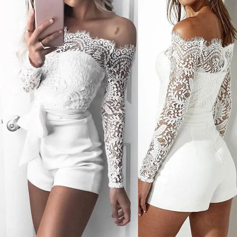 Women Summer Off Shoulder Sexy Playsuits Long Sleeve Sheer Lace Patchwork Hollow Skinny Playsuits nowadaysfashion