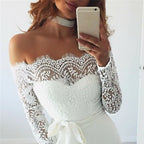 Women Summer Off Shoulder Sexy Playsuits Long Sleeve Sheer Lace Patchwork Hollow Skinny Playsuits nowadaysfashion