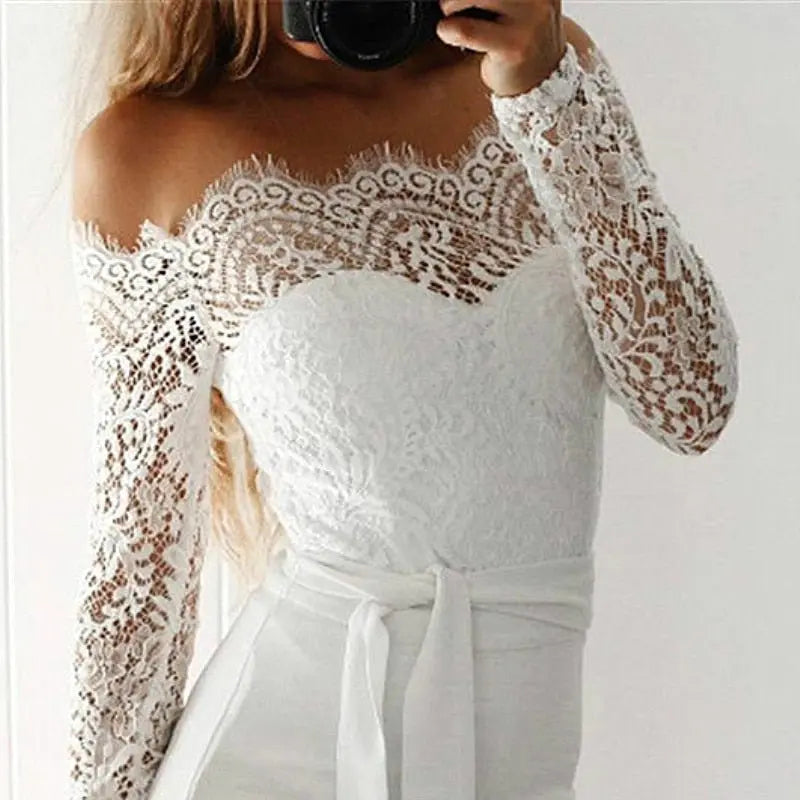 Women Summer Off Shoulder Sexy Playsuits Long Sleeve Sheer Lace Patchwork Hollow Skinny Playsuits - Blade & Thread