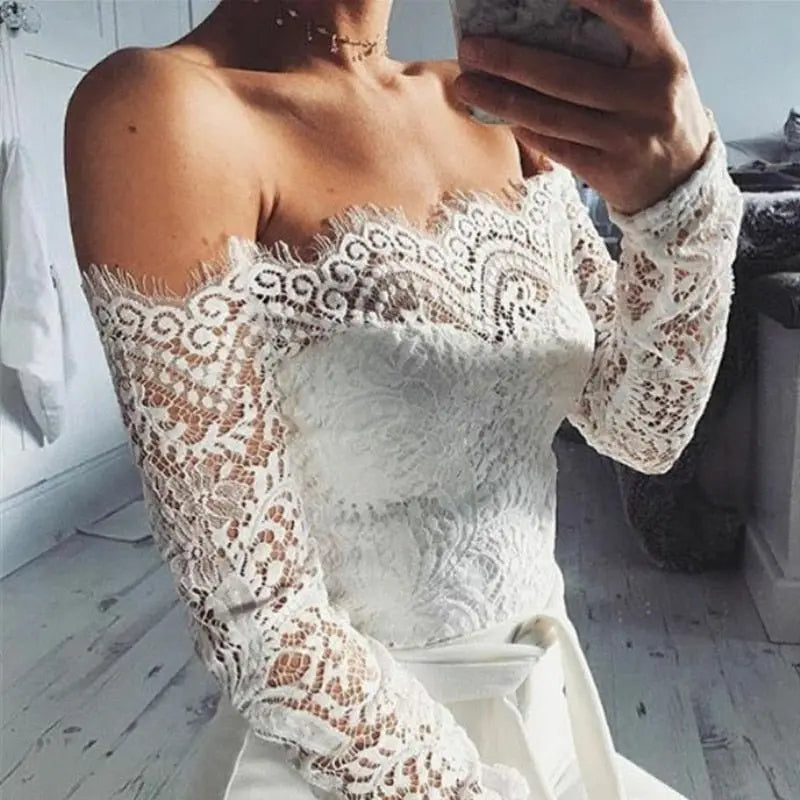 Women Summer Off Shoulder Sexy Playsuits Long Sleeve Sheer Lace Patchwork Hollow Skinny Playsuits nowadaysfashion