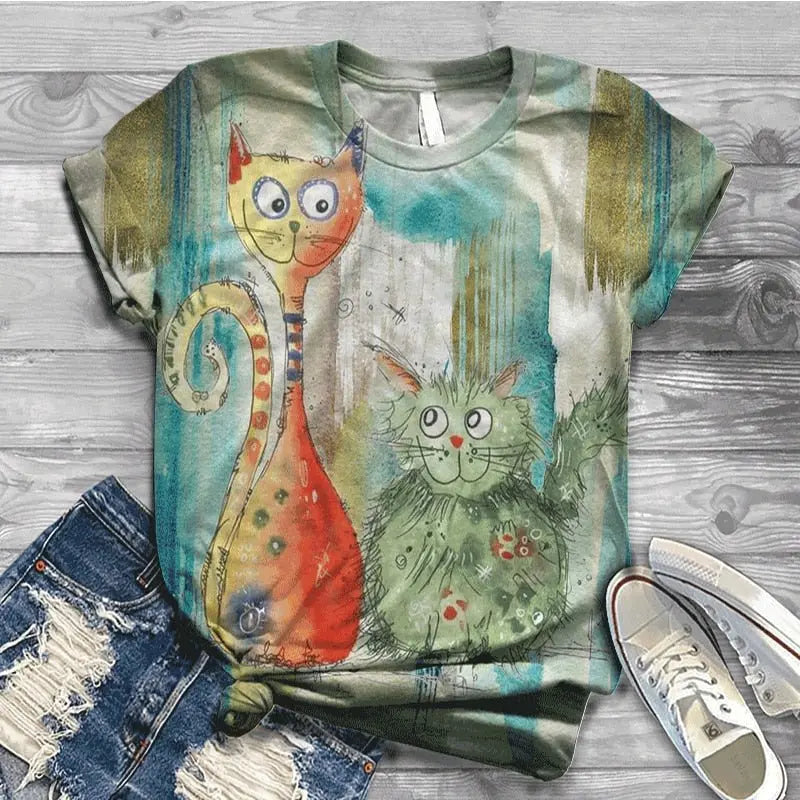 Women Summer Short Sleeve Digital 3D Cat Printed O-Neck Tops T Shirt Femme T-Shirts - Blade & Thread