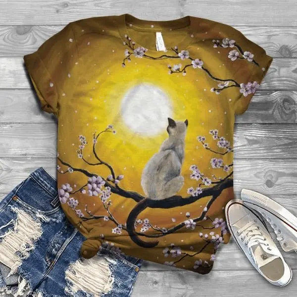 Women Summer Short Sleeve Digital 3D Cat Printed O-Neck Tops T Shirt Femme T-Shirts - Blade & Thread