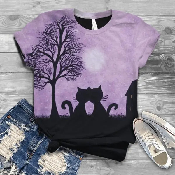 Women Summer Short Sleeve Digital 3D Cat Printed O-Neck Tops T Shirt Femme T-Shirts nowadaysfashion