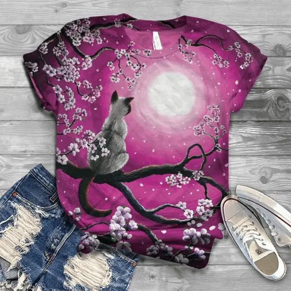 Women Summer Short Sleeve Digital 3D Cat Printed O-Neck Tops T Shirt Femme T-Shirts - Blade & Thread