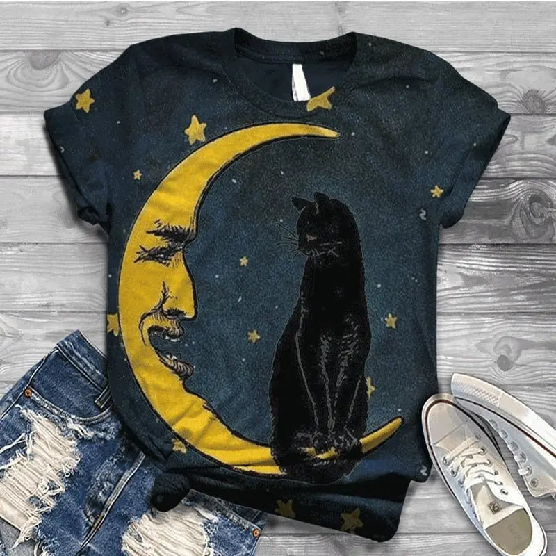 Women Summer Short Sleeve Digital 3D Cat Printed O-Neck Tops T Shirt Femme T-Shirts - Blade & Thread