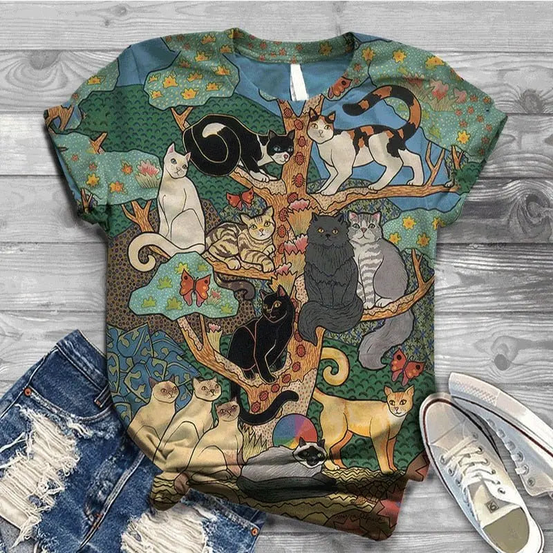 Women Summer Short Sleeve Digital 3D Cat Printed O-Neck Tops T Shirt Femme T-Shirts nowadaysfashion