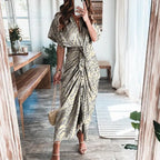 Women Summer Short Sleeve Slit Long Dress Turn-down Collar Elegant Button Draped Party Dresses nowadaysfashion