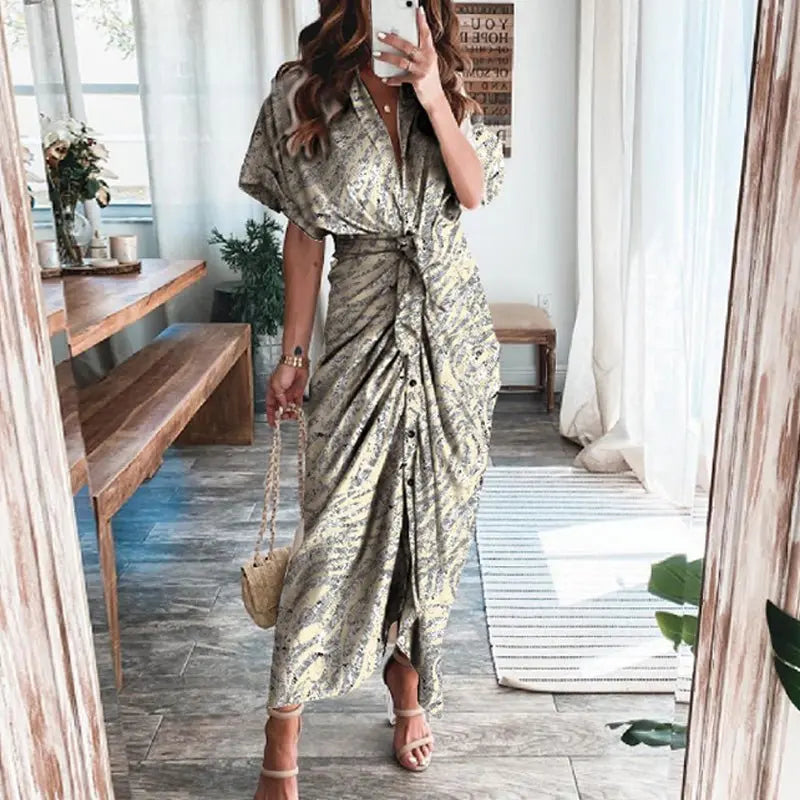 Women Summer Short Sleeve Slit Long Dress Turn-down Collar Elegant Button Draped Party Dresses - Blade & Thread