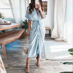 Women Summer Short Sleeve Slit Long Dress Turn-down Collar Elegant Button Draped Party Dresses nowadaysfashion