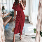 Women Summer Short Sleeve Slit Long Dress Turn-down Collar Elegant Button Draped Party Dresses nowadaysfashion