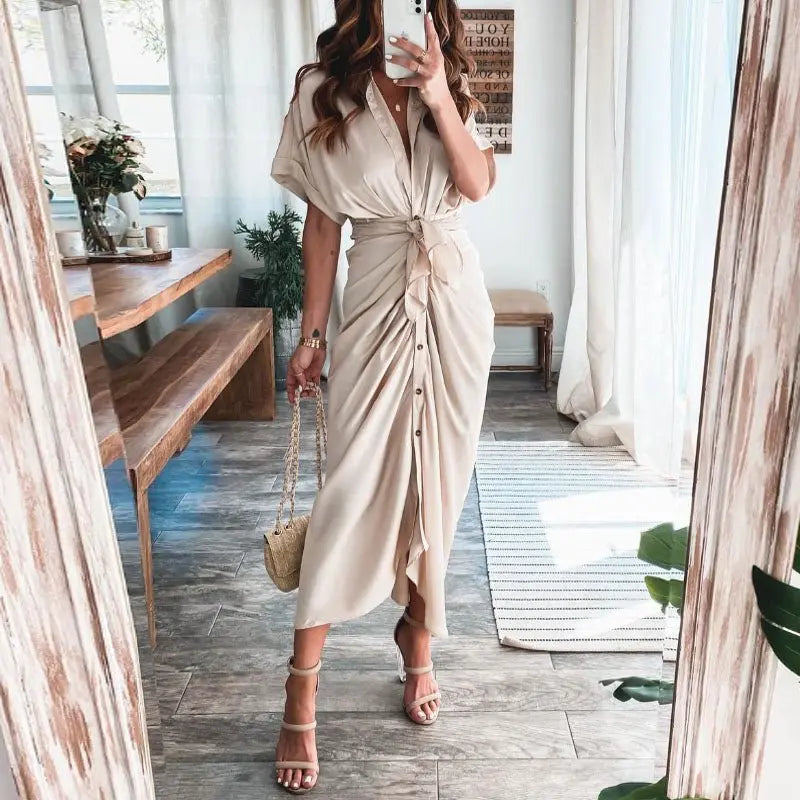 Women Summer Short Sleeve Slit Long Dress Turn-down Collar Elegant Button Draped Party Dresses nowadaysfashion