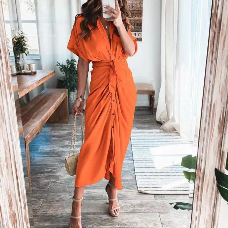Women Summer Short Sleeve Slit Long Dress Turn-down Collar Elegant Button Draped Party Dresses - Blade & Thread