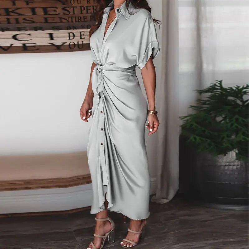 Women Summer Short Sleeve Slit Long Dress Turn-down Collar Elegant Button Draped Party Dresses - Blade & Thread