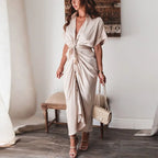 Women Summer Short Sleeve Slit Long Dress Turn-down Collar Elegant Button Draped Party Dresses nowadaysfashion