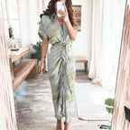 Women Summer Short Sleeve Slit Long Dress Turn-down Collar Elegant Button Draped Party Dresses nowadaysfashion