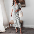 Women Summer Short Sleeve Slit Long Dress Turn-down Collar Elegant Button Draped Party Dresses nowadaysfashion
