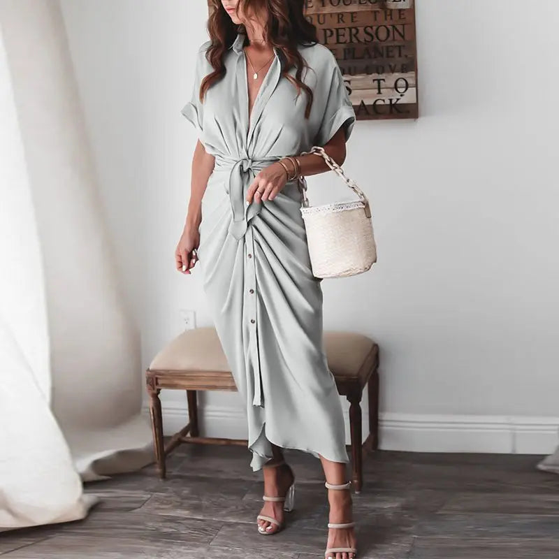 Women Summer Short Sleeve Slit Long Dress Turn-down Collar Elegant Button Draped Party Dresses - Blade & Thread