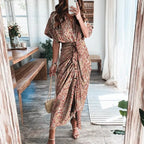 Women Summer Short Sleeve Slit Long Dress Turn-down Collar Elegant Button Draped Party Dresses nowadaysfashion