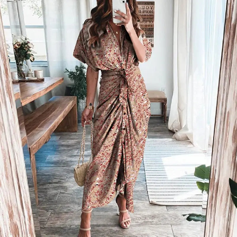 Women Summer Short Sleeve Slit Long Dress Turn-down Collar Elegant Button Draped Party Dresses - Blade & Thread