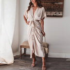 Women Summer Short Sleeve Slit Long Dress Turn-down Collar Elegant Button Draped Party Dresses nowadaysfashion