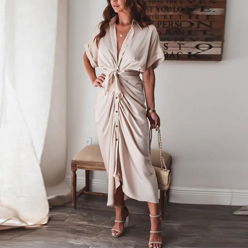 Women Summer Short Sleeve Slit Long Dress Turn-down Collar Elegant Button Draped Party Dresses - Blade & Thread