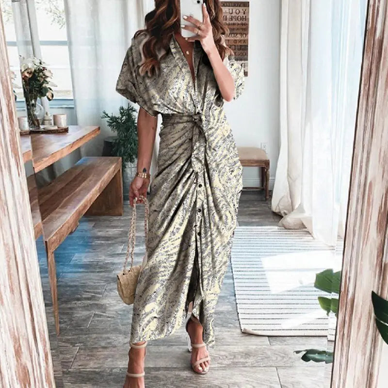 Women Summer Short Sleeve Slit Long Dress Turn-down Collar Elegant Button Draped Party Dresses - Blade & Thread